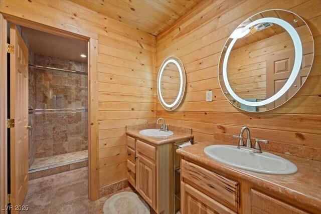 4830 Silver Tip Way, Mount Charleston, NV 89124 - bathroom with two vanities, a stall shower, wooden walls, and wooden ceiling