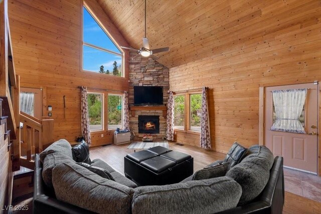 4830 Silver Tip Way, Mount Charleston, NV 89124 - living room featuring high vaulted ceiling, wood walls, a ceiling fan, a fireplace, and wood ceiling