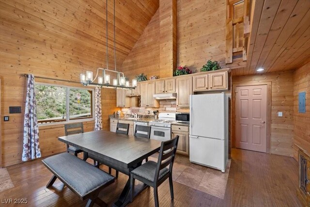 4830 Silver Tip Way, Mount Charleston, NV 89124 - dining room featuring wooden ceiling, wood walls, a chandelier, high vaulted ceiling, and dark wood finished floors
