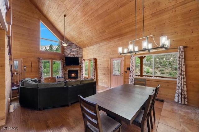 4830 Silver Tip Way, Mount Charleston, NV 89124 - dining space with high vaulted ceiling, a chandelier, a fireplace, wood walls, and wooden ceiling