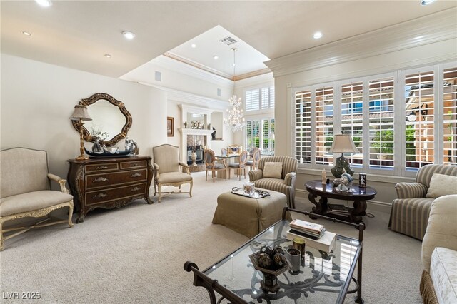 277 Dark Forest Ave, Las Vegas, NV 89123 - carpeted living room with crown molding, a chandelier, and recessed lighting