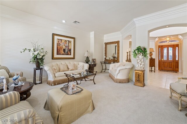 277 Dark Forest Ave, Las Vegas, NV 89123 - living area featuring ornamental molding, arched walkways, carpet, recessed lighting, and baseboards