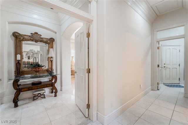 277 Dark Forest Ave, Las Vegas, NV 89123 - hall with arched walkways, light tile patterned flooring, baseboards, and ornamental molding