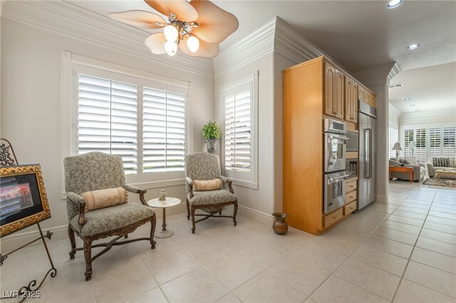 277 Dark Forest Ave, Las Vegas, NV 89123 - living area featuring crown molding, baseboards, recessed lighting, light tile patterned floors, and ceiling fan