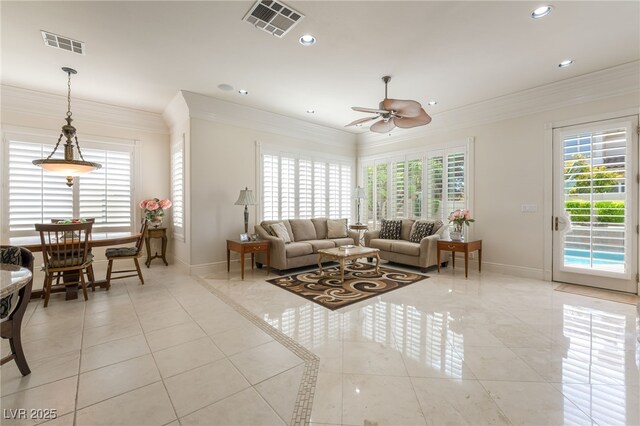 277 Dark Forest Ave, Las Vegas, NV 89123 - living room with baseboards, ceiling fan, light tile patterned floors, crown molding, and recessed lighting