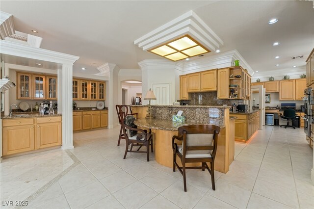277 Dark Forest Ave, Las Vegas, NV 89123 - kitchen featuring ornamental molding, open shelves, light tile patterned floors, recessed lighting, and a kitchen breakfast bar