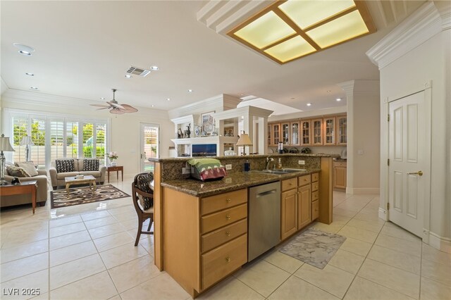 277 Dark Forest Ave, Las Vegas, NV 89123 - kitchen featuring dishwasher, ornamental molding, a sink, light tile patterned flooring, and open floor plan