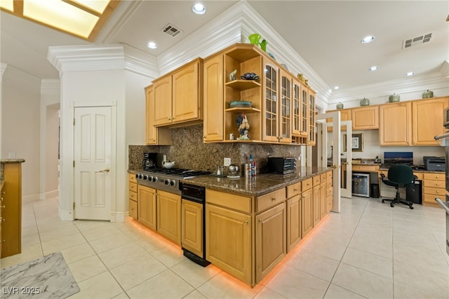 277 Dark Forest Ave, Las Vegas, NV 89123 - kitchen featuring light tile patterned flooring, ornamental molding, backsplash, a desk, and glass insert cabinets
