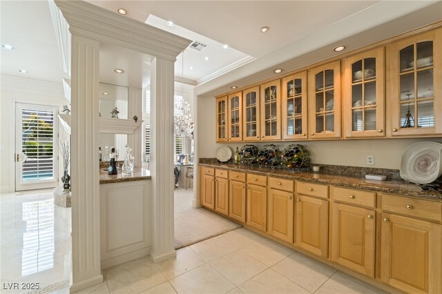 277 Dark Forest Ave, Las Vegas, NV 89123 - bar featuring ornamental molding, light tile patterned flooring, recessed lighting, light carpet, and ornate columns