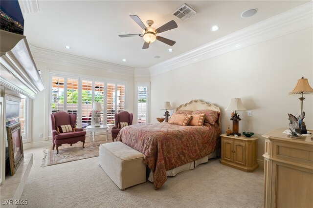 277 Dark Forest Ave, Las Vegas, NV 89123 - bedroom with light carpet, crown molding, ceiling fan, and recessed lighting