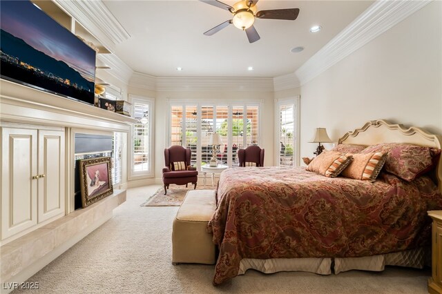 277 Dark Forest Ave, Las Vegas, NV 89123 - bedroom with access to outside, light colored carpet, crown molding, a ceiling fan, and recessed lighting