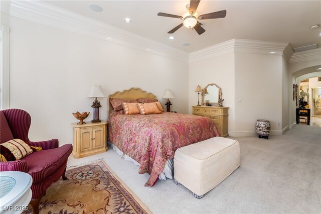 277 Dark Forest Ave, Las Vegas, NV 89123 - bedroom with light carpet, crown molding, arched walkways, recessed lighting, and baseboards