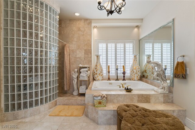 277 Dark Forest Ave, Las Vegas, NV 89123 - full bathroom featuring a garden tub, a tile shower, a chandelier, and tile patterned floors