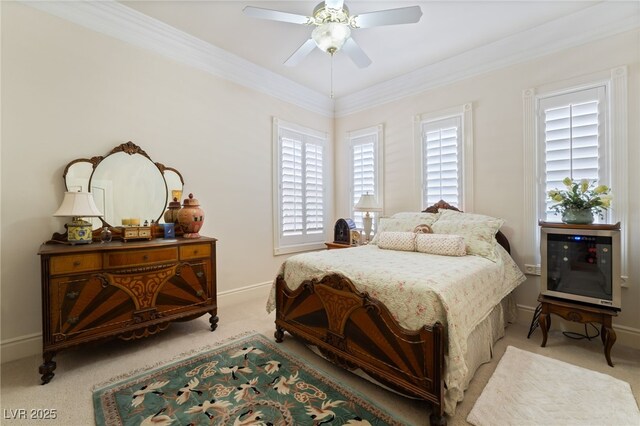 277 Dark Forest Ave, Las Vegas, NV 89123 - bedroom featuring light colored carpet, baseboards, ornamental molding, and ceiling fan