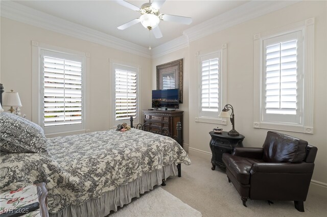 277 Dark Forest Ave, Las Vegas, NV 89123 - bedroom featuring light colored carpet, multiple windows, crown molding, ceiling fan, and baseboards
