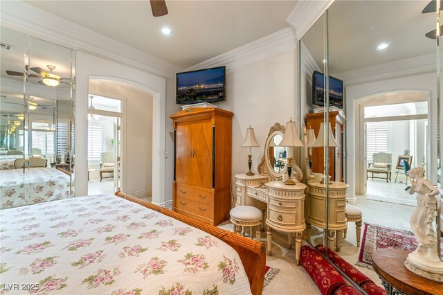 277 Dark Forest Ave, Las Vegas, NV 89123 - carpeted bedroom featuring ornamental molding, multiple windows, arched walkways, and recessed lighting
