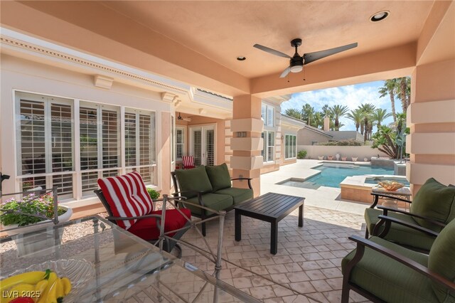 277 Dark Forest Ave, Las Vegas, NV 89123 - view of patio / terrace with a ceiling fan, outdoor lounge area, and an in-ground hot tub