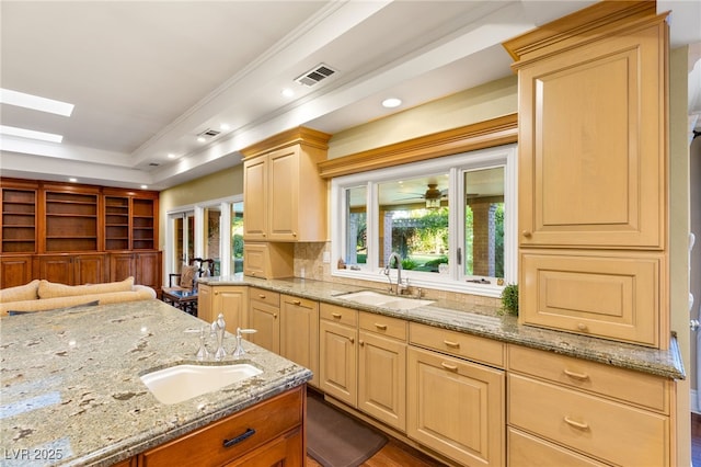 2001 Silver Ave, Las Vegas, NV 89102 - kitchen featuring a sink, light stone counters, open floor plan, recessed lighting, and ornamental molding
