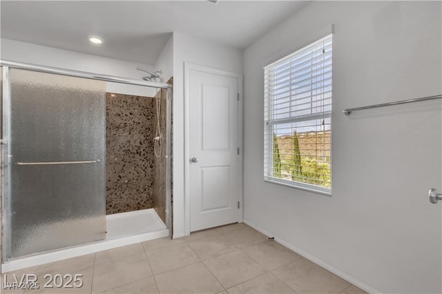 2832 Aragon Terrace Way, Henderson, NV 89044 - full bath with a stall shower, plenty of natural light, tile patterned flooring, baseboards, and recessed lighting