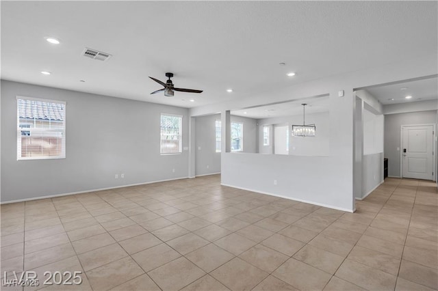 2832 Aragon Terrace Way, Henderson, NV 89044 - spare room featuring recessed lighting, light tile patterned floors, baseboards, a chandelier, and a ceiling fan