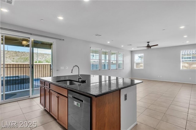 2832 Aragon Terrace Way, Henderson, NV 89044 - kitchen with dishwasher, a sink, light tile patterned flooring, a ceiling fan, and a center island with sink