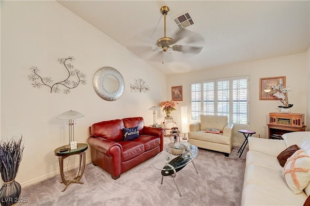 3987 Saddlewood Ct, Las Vegas, NV 89121 - living room featuring carpet flooring, baseboards, a ceiling fan, and lofted ceiling