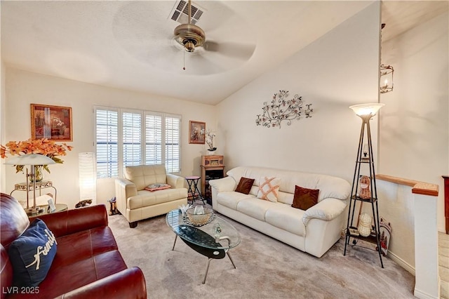 3987 Saddlewood Ct, Las Vegas, NV 89121 - living room featuring carpet, vaulted ceiling, and ceiling fan