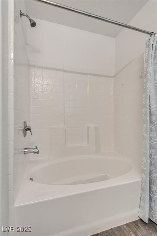 12110 Midnight Pine Rd Unit 4, Las Vegas, NV 89183 - full bath featuring wood finished floors and shower / bathtub combination with curtain