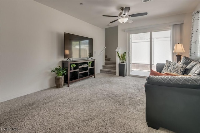 12110 Midnight Pine Rd Unit 4, Las Vegas, NV 89183 - living room featuring carpet flooring, stairway, and ceiling fan