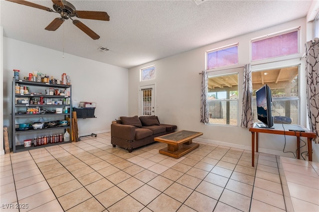 4335 Twin Peaks Dr, North Las Vegas, NV 89032 - living room featuring a ceiling fan, a textured ceiling, and light tile patterned flooring