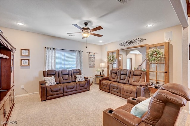 6821 Jeanette St, Las Vegas, NV 89131 - living room with a ceiling fan, light carpet, baseboards, recessed lighting, and stairway