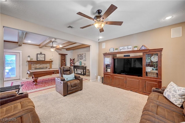 6821 Jeanette St, Las Vegas, NV 89131 - carpeted living room with a ceiling fan, recessed lighting, beam ceiling, billiards table, and baseboards