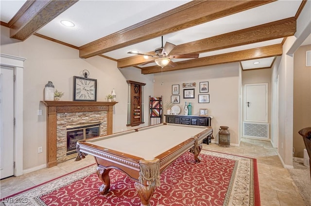 6821 Jeanette St, Las Vegas, NV 89131 - game room featuring beamed ceiling, billiards, ceiling fan, a stone fireplace, and baseboards