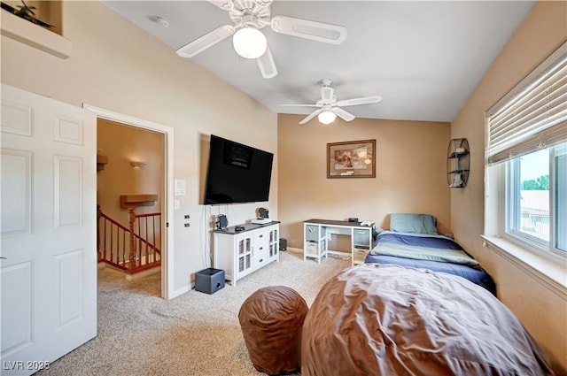 6821 Jeanette St, Las Vegas, NV 89131 - bedroom with carpet flooring, ceiling fan, lofted ceiling, and baseboards