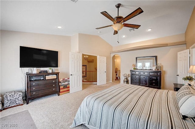 6821 Jeanette St, Las Vegas, NV 89131 - carpeted bedroom featuring vaulted ceiling, arched walkways, recessed lighting, and a ceiling fan