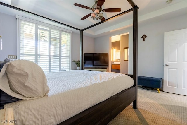 10526 Harvest Wind Dr, Las Vegas, NV 89135 - carpeted bedroom with a ceiling fan and connected bathroom