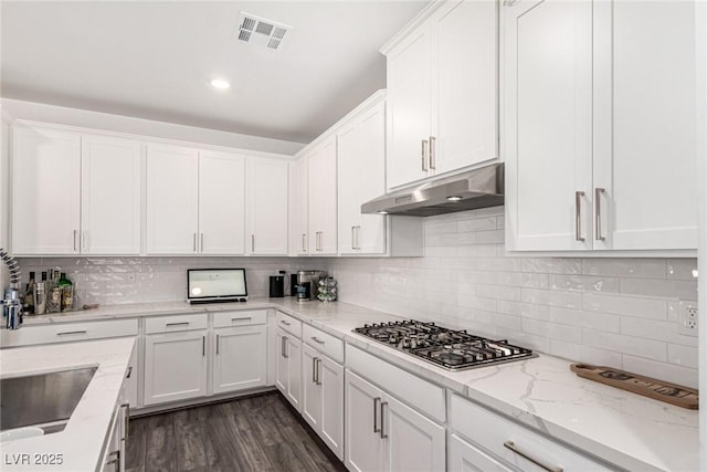 12332 Switchgrass Ave, Las Vegas, NV 89138 - kitchen featuring under cabinet range hood, a sink, stainless steel gas stovetop, white cabinetry, and tasteful backsplash