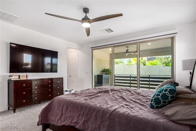 12332 Switchgrass Ave, Las Vegas, NV 89138 - bedroom featuring access to exterior, light carpet, and a ceiling fan
