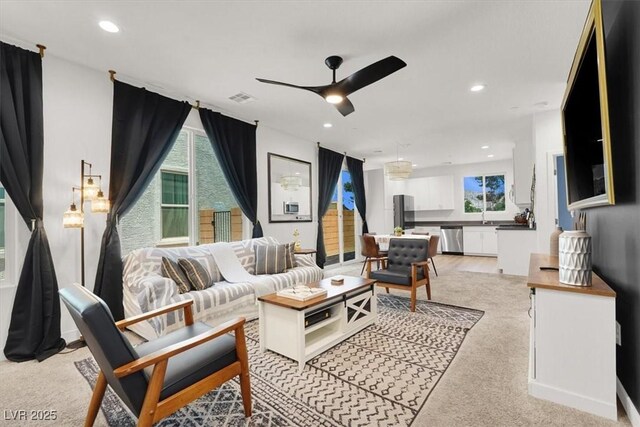 66 Chelsea Manor Ct, Las Vegas, NV 89110 - living room featuring a ceiling fan, recessed lighting, and light colored carpet