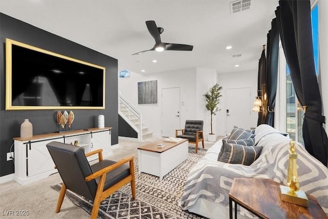 66 Chelsea Manor Ct, Las Vegas, NV 89110 - living area featuring stairs, ceiling fan, light carpet, recessed lighting, and baseboards