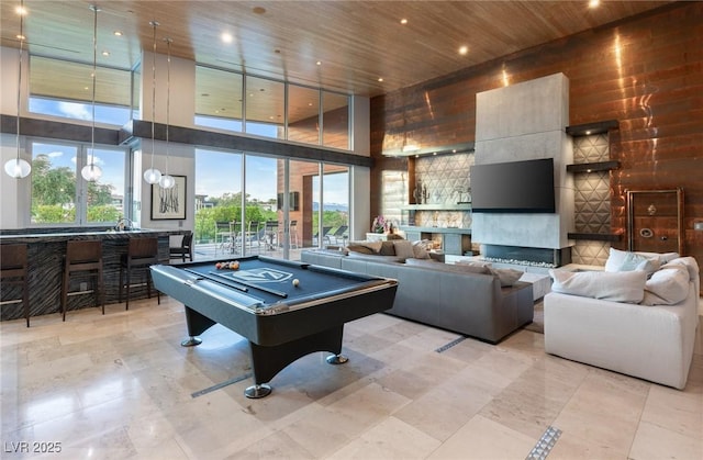 8 Meadowhawk Ln, Las Vegas, NV 89135 - rec room with a towering ceiling, healthy amount of natural light, billiards table, wooden ceiling, and recessed lighting