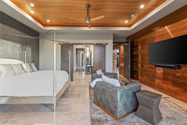 8 Meadowhawk Ln, Las Vegas, NV 89135 - bedroom featuring wooden ceiling, a raised ceiling, wood walls, and recessed lighting