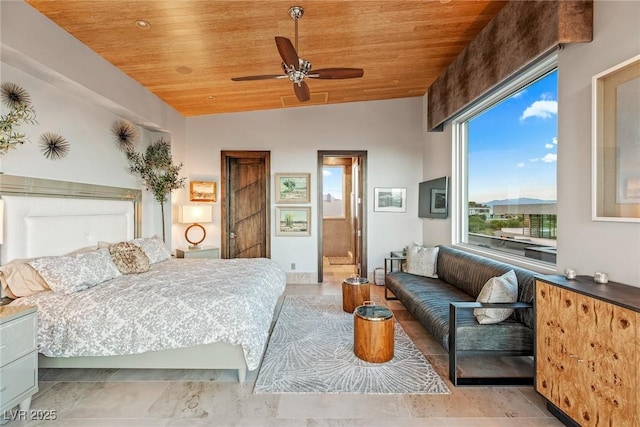 8 Meadowhawk Ln, Las Vegas, NV 89135 - bedroom featuring wood ceiling, lofted ceiling, ceiling fan, ensuite bath, and tile patterned floors