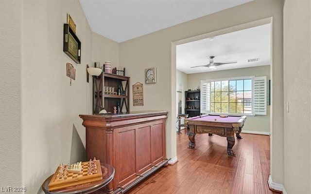 10001 Blairwood Ct, Las Vegas, NV 89178 - playroom featuring billiards table, wood finished floors, baseboards, and ceiling fan