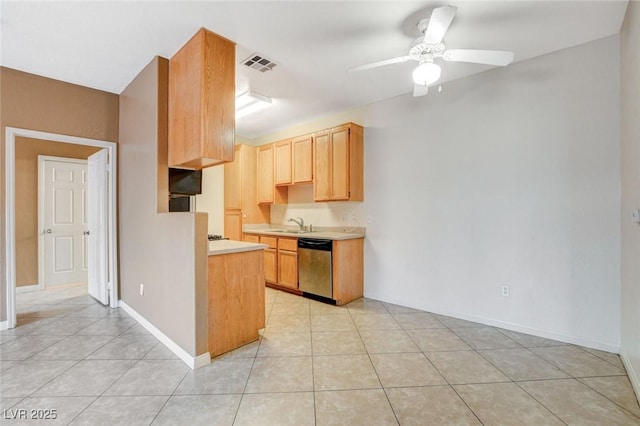 4730 E Craig Rd Unit 1005, Las Vegas, NV 89115 - kitchen with dishwasher, light countertops, a ceiling fan, light tile patterned floors, and light brown cabinets