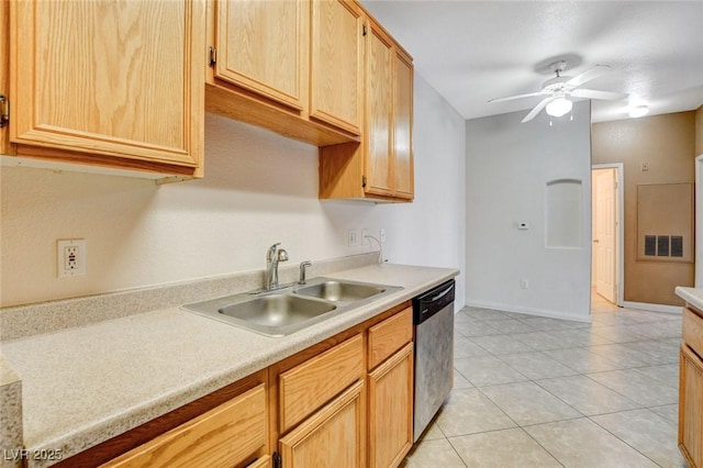 4730 E Craig Rd Unit 1005, Las Vegas, NV 89115 - kitchen featuring stainless steel dishwasher, light countertops, a ceiling fan, light tile patterned flooring, and light brown cabinets