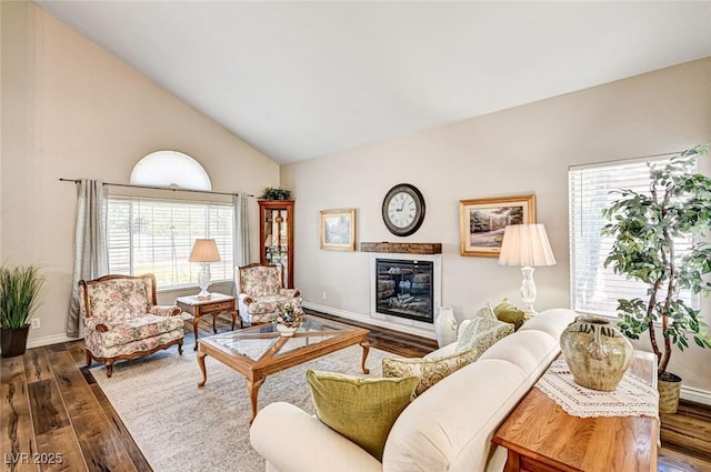2036 Deer Springs Dr, Henderson, NV 89074 - living area with wood finished floors, a glass covered fireplace, baseboards, and high vaulted ceiling