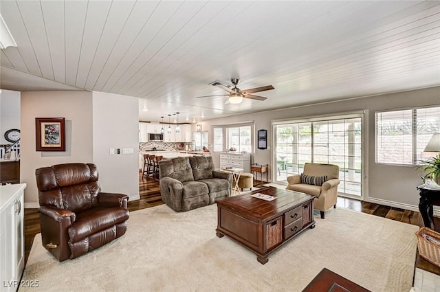2036 Deer Springs Dr, Henderson, NV 89074 - living area with light wood-style flooring, a ceiling fan, baseboards, and wooden ceiling