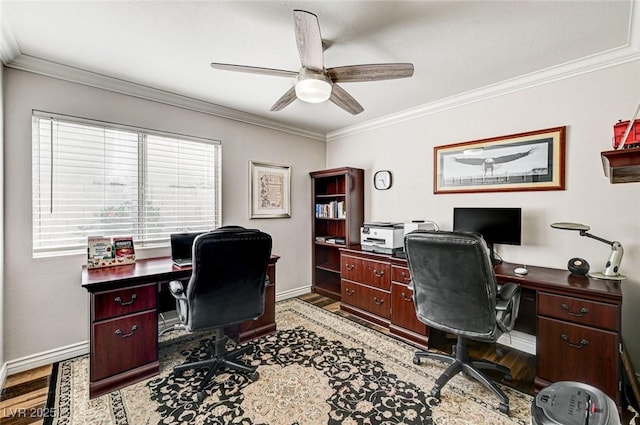 2036 Deer Springs Dr, Henderson, NV 89074 - office area featuring wood finished floors, ceiling fan, baseboards, and crown molding