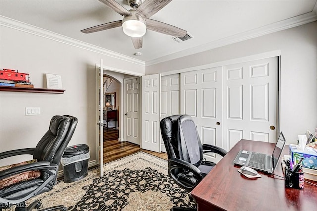 2036 Deer Springs Dr, Henderson, NV 89074 - office featuring wood finished floors, ceiling fan, ornamental molding, baseboards, and arched walkways